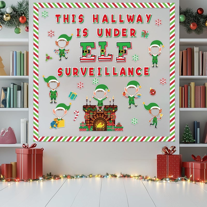 KMCCUMBER Christmas Bulletin Board Decorations Set, 105 Pcs Eif Cutouts with Figures Cards Red Green Stripe Borders Christmas Bulletin Board Classroom Decorations for Xmas Party School Wall Door Decor - Image 5